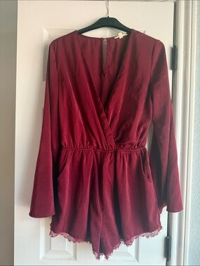 Women’s Burgundy Long-Sleeve Wrap Romper